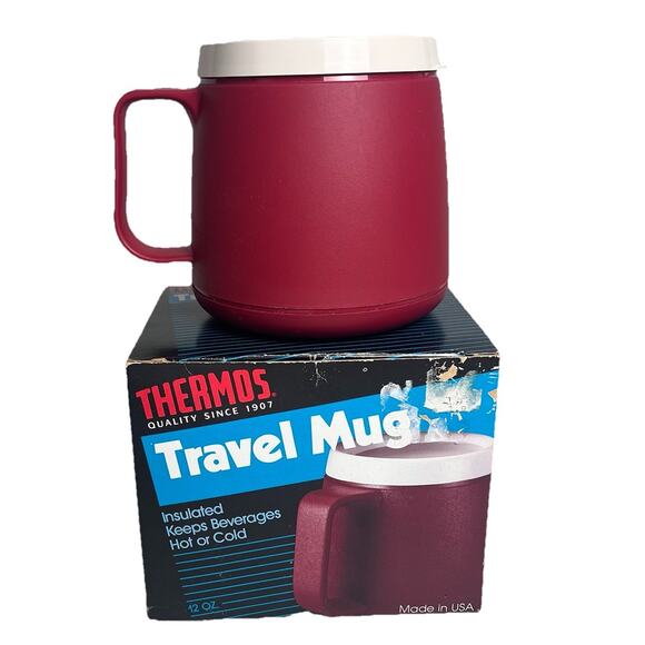 Vintage Thermos Travel Mug 12 oz Insulated Maroon with White Lid – New in Box US - Picture 1 of 16